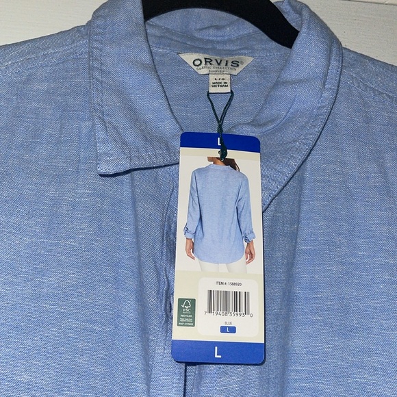 NWT Orvis long sleeve blue linen and rayon top roll cuff with buttons size large - Picture 9 of 9